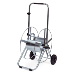 Schlauchwagen mit verzinkter, UV-beständiger Ganzstahlkonstruktion und zwei großen Rädern, geeignet für Wasserschläuche bis zu 50 m oder 100 m Länge.